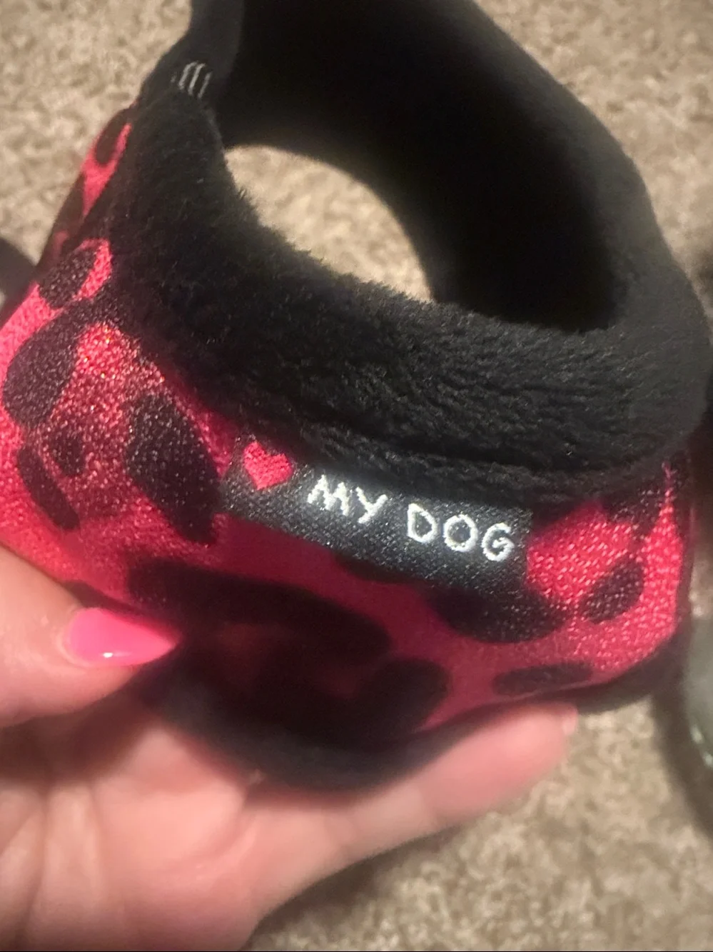 MyDog simple dog harness in pink/black animal print & faux fur (XL) EUC!